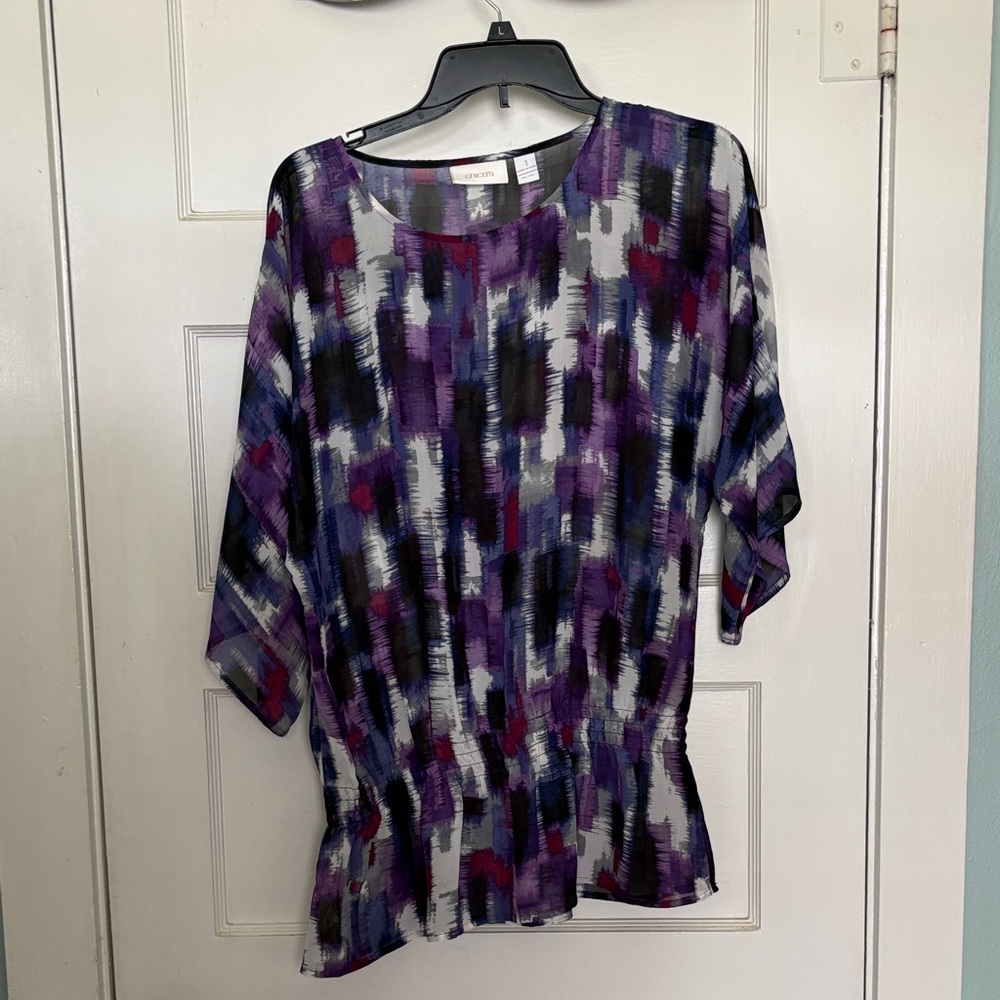 Chico's Multi-Purple Abstract Print Short Sleeve Blouse Size 1